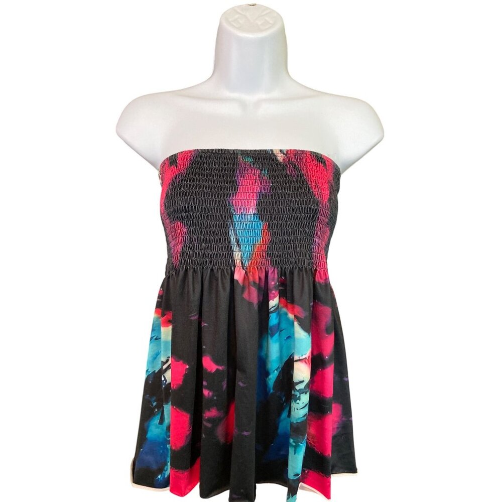 Womens Smocked Halter Top L Strapless Multicolor Abstract Boho Hippie Y2K